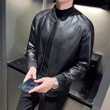 Faux Leather Cardigan Outerwear Men  PU Leather Zipper Jacket Stand Collar Coats Long Sleeve Loose Fit Solid High Street