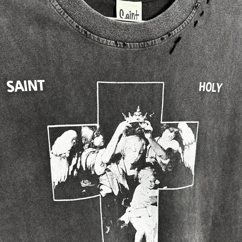 Hip Hop Vintage Washed Black Damaged Hole SAINT HOLY LOVE PRAY Sleeveless T Shirt Top Men Women High Quality Oversized T-Shirt