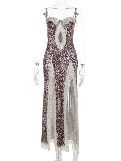 Women's Lace Panel High Slit Maxi Dress