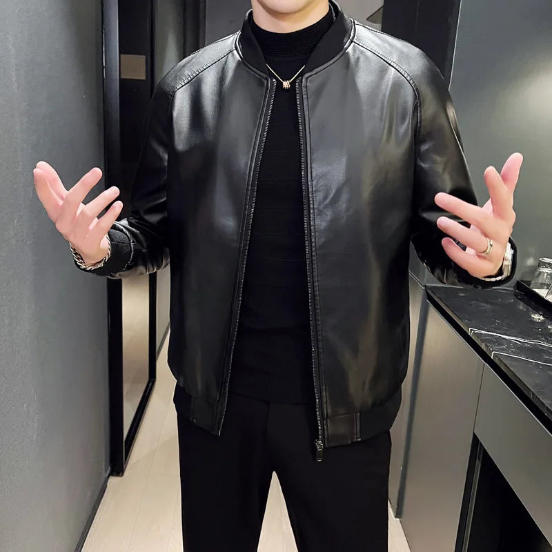 Faux Leather Cardigan Outerwear Men  PU Leather Zipper Jacket Stand Collar Coats Long Sleeve Loose Fit Solid High Street