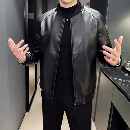 Faux Leather Cardigan Outerwear Men  PU Leather Zipper Jacket Stand Collar Coats Long Sleeve Loose Fit Solid High Street