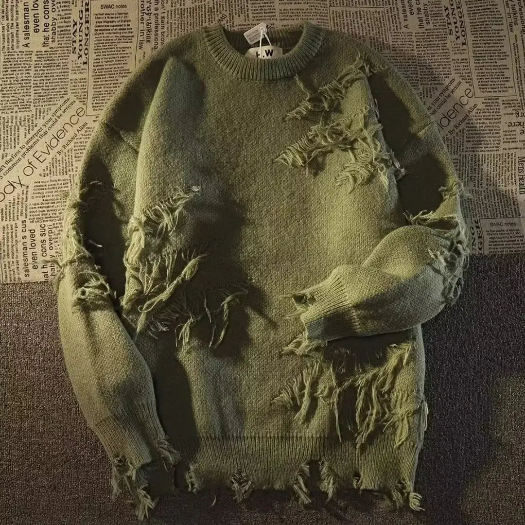 Olive Grunge Ripped Sweater