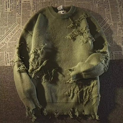 Olive Grunge Ripped Sweater