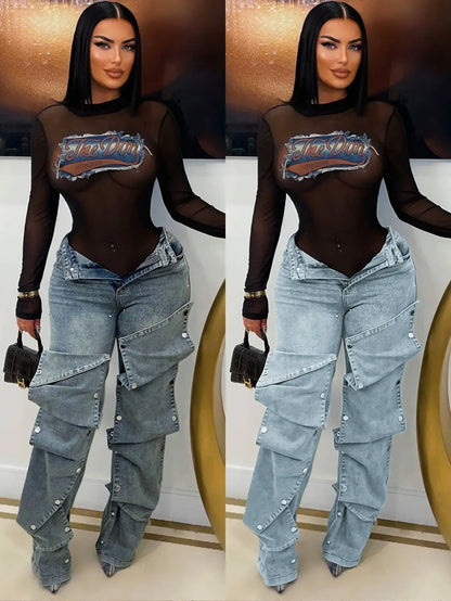 Hip Hop Jeans Cargo Pants Sexy Women High Waist Elegant Streetwear Denim Straight Trousers