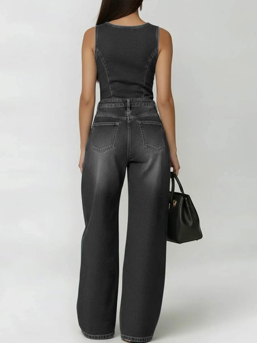 Black Denim Wide-Leg Jumpsuit