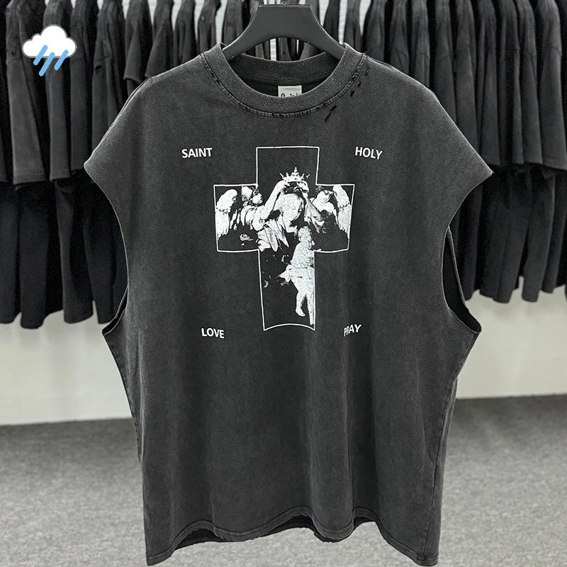 Hip Hop Vintage Washed Black Damaged Hole SAINT HOLY LOVE PRAY Sleeveless T Shirt Top Men Women High Quality Oversized T-Shirt