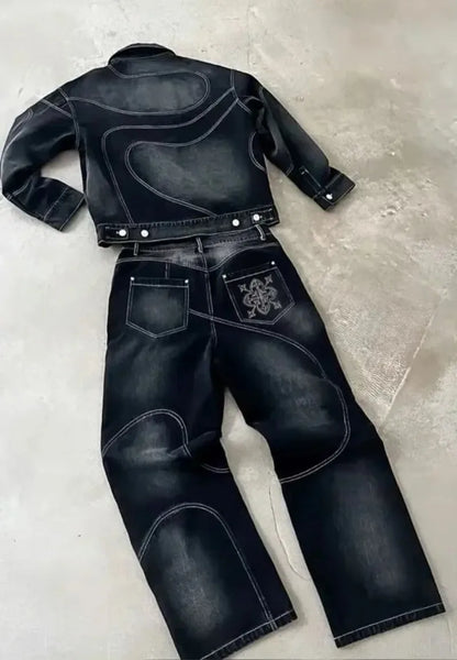 Men's Vintage Black Denim Two-Piece Set