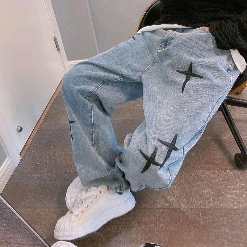 Vintage Cross Print Loose Fit Jeans