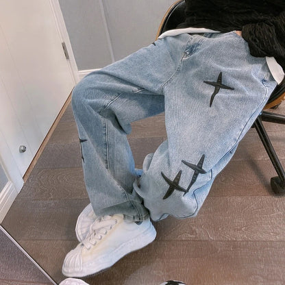 Vintage Cross Print Loose Fit Jeans