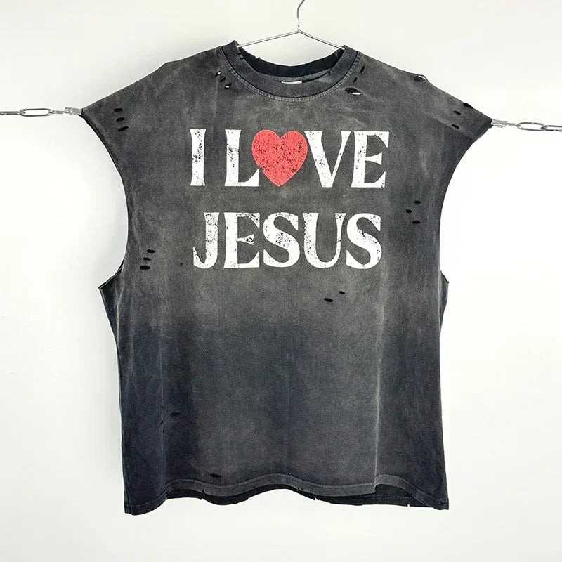 Hip Hop Vintage Washed Black Damaged Hole SAINT HOLY LOVE PRAY Sleeveless T Shirt Top Men Women High Quality Oversized T-Shirt