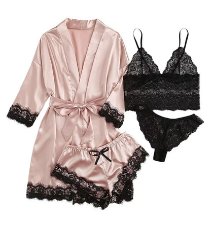 Blush Elegance Satin Lace Pajama Set