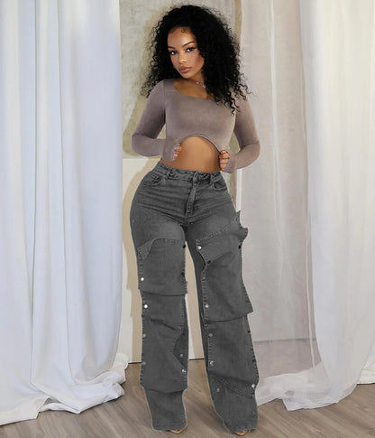 Hip Hop Jeans Cargo Pants Sexy Women High Waist Elegant Streetwear Denim Straight Trousers