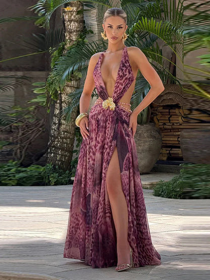 Women's Elegant Leopard Print Halter Maxi Dress