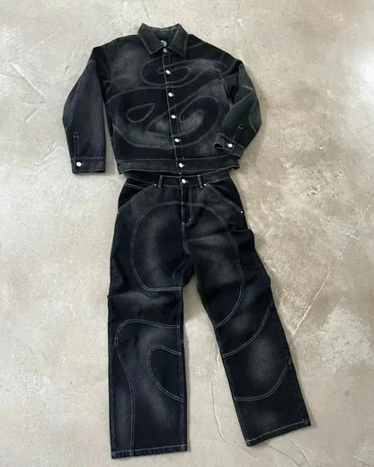 Men's Vintage Black Denim Two-Piece Set
