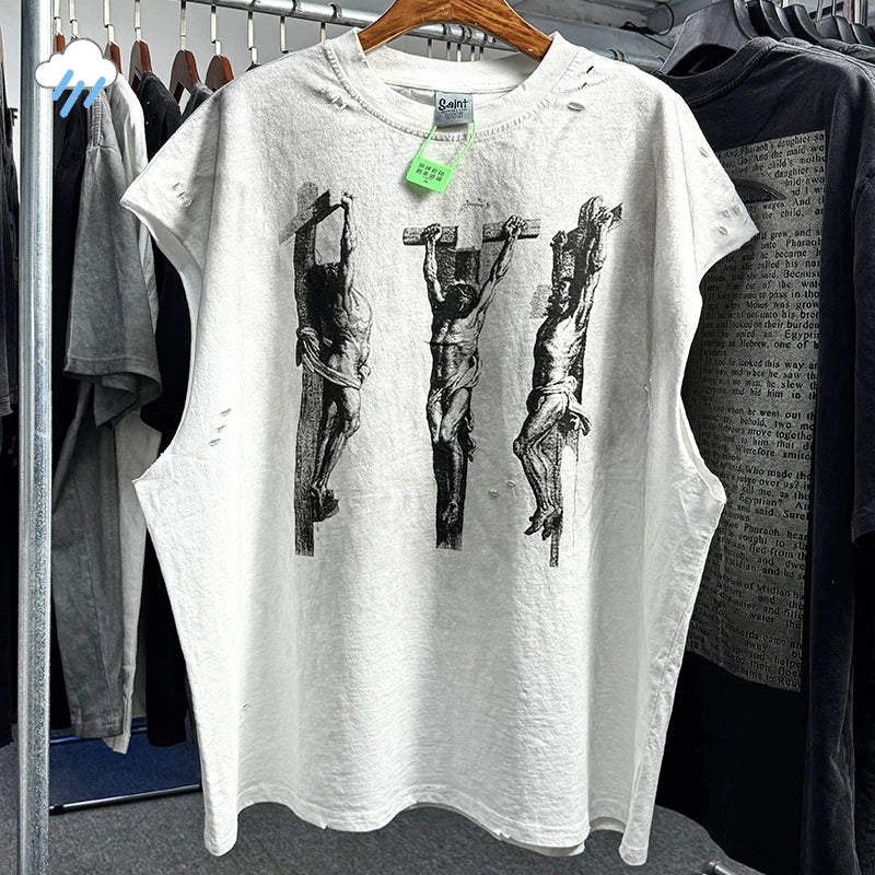 Men Women Vintage Washed Spray Dirty Manually Grind Oversized T Shirt High Quality Cotton Damaged SAINT Sleeveless T-Shirt Top