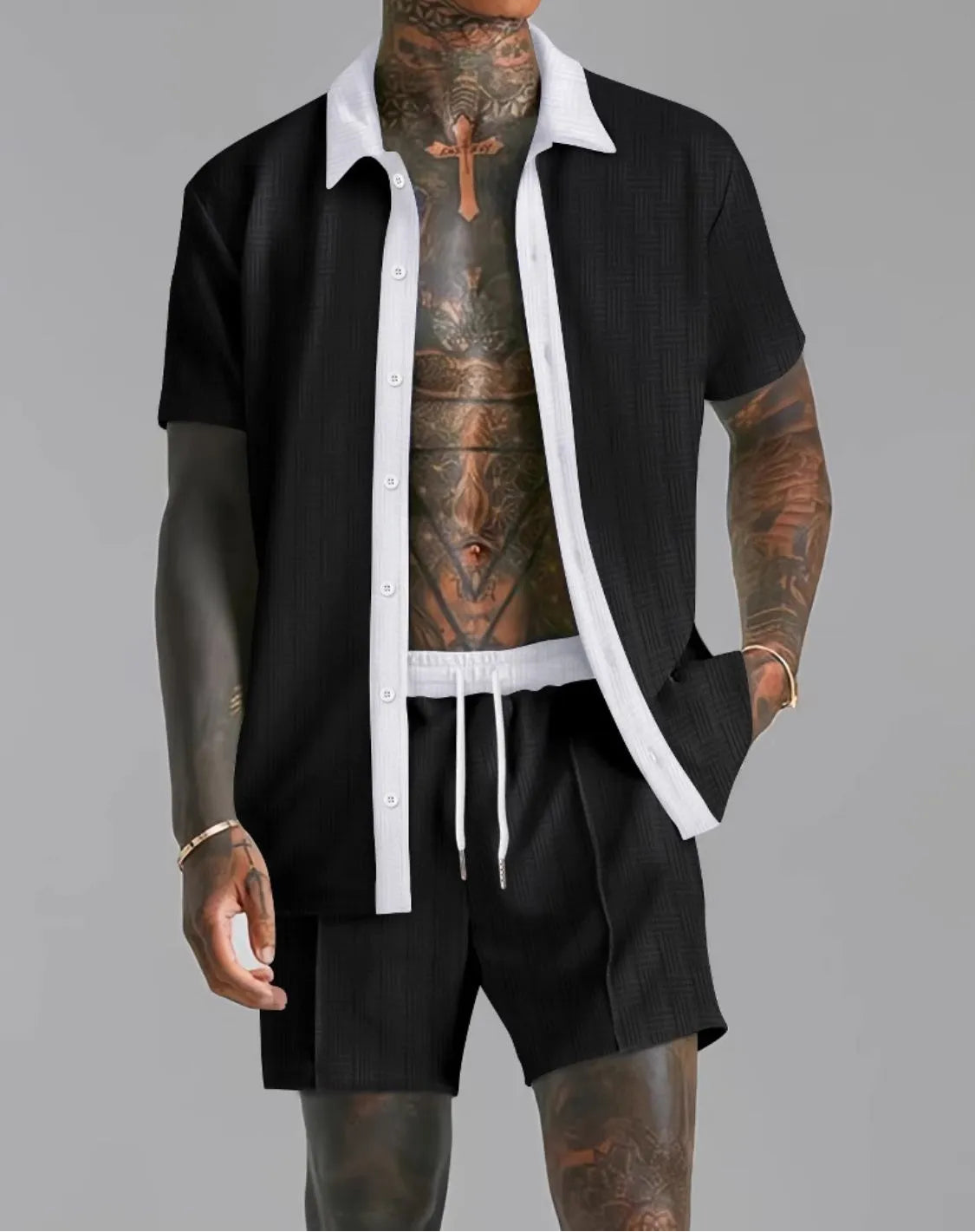 Men's Full Size Collared Neck Short Sleeve Top and Shorts Set Plus Size